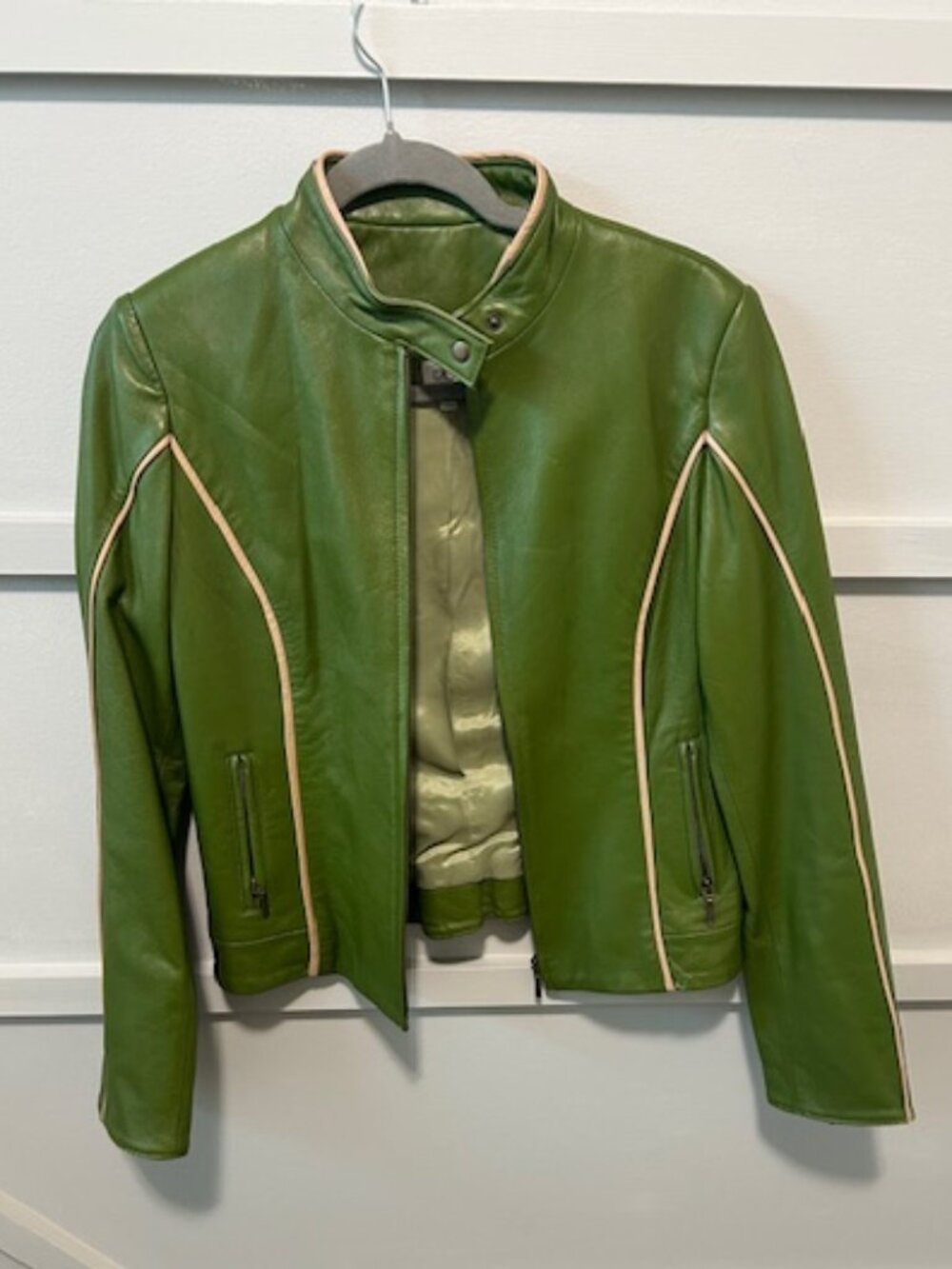 Cache green with pink trim faux leather jacket